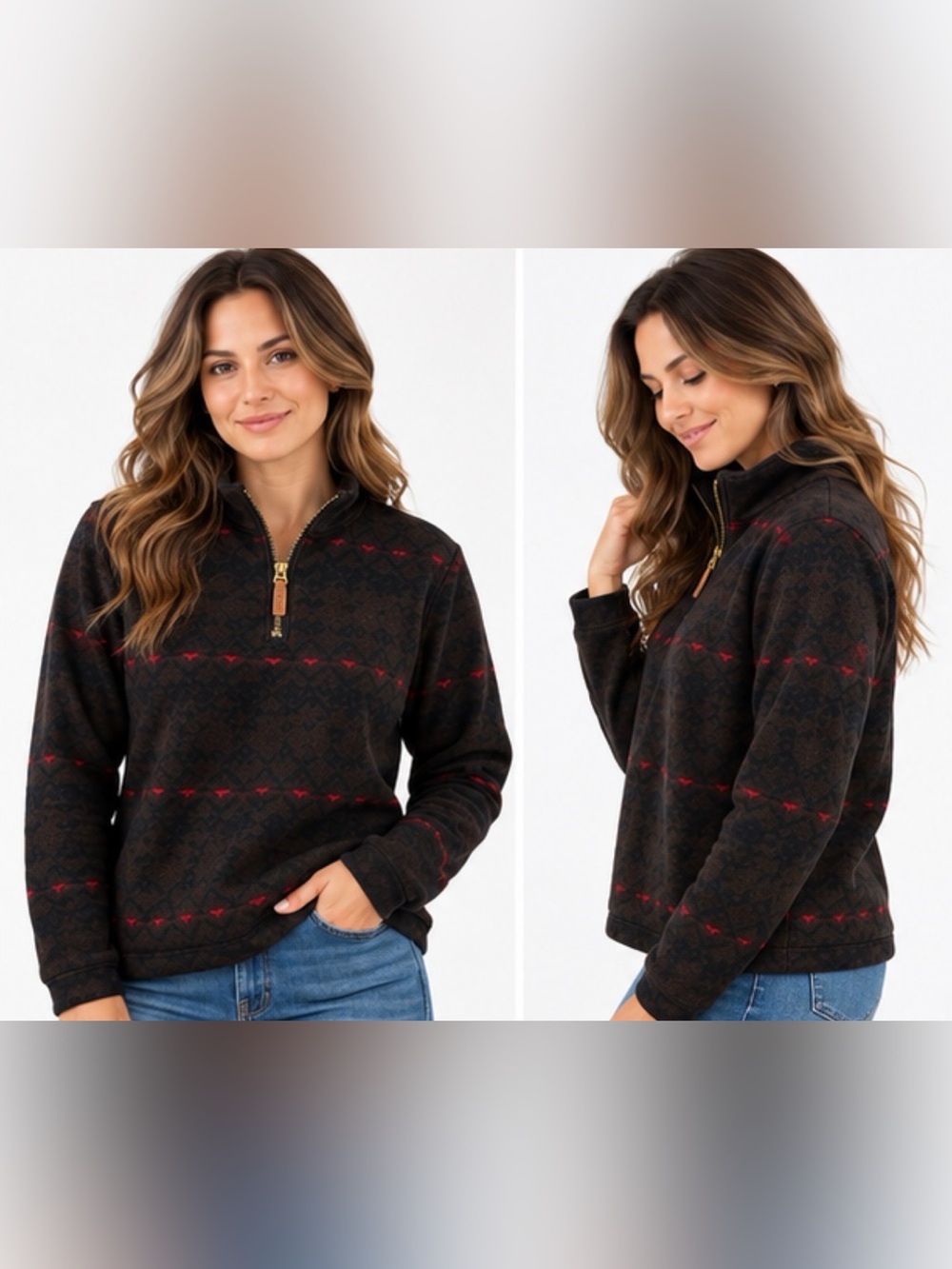 Chaps Quarter-Zip Fleece Pullover – Size L – Brown/Black Geometric Print with Re